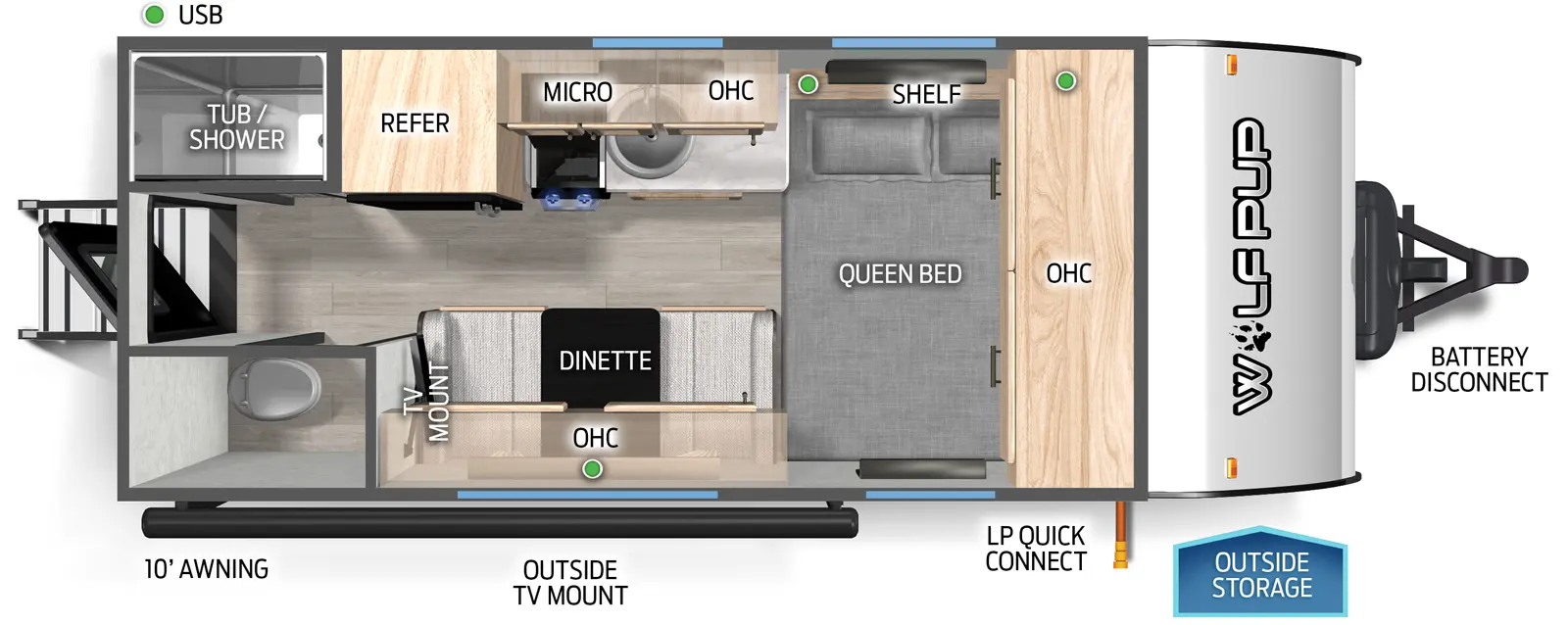 The Wolf Pup 14CCW floorplan has one entry and zero slide outs. Exterior features include: metal exterior and 10' awning. Interiors features include: front bedroom and rear bathroom.